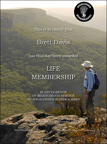 Brett Davis life membership certificate from Shoalhaven Bushwalkers