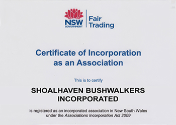 Shoalhaven Bushwalkers certificate of incorporation