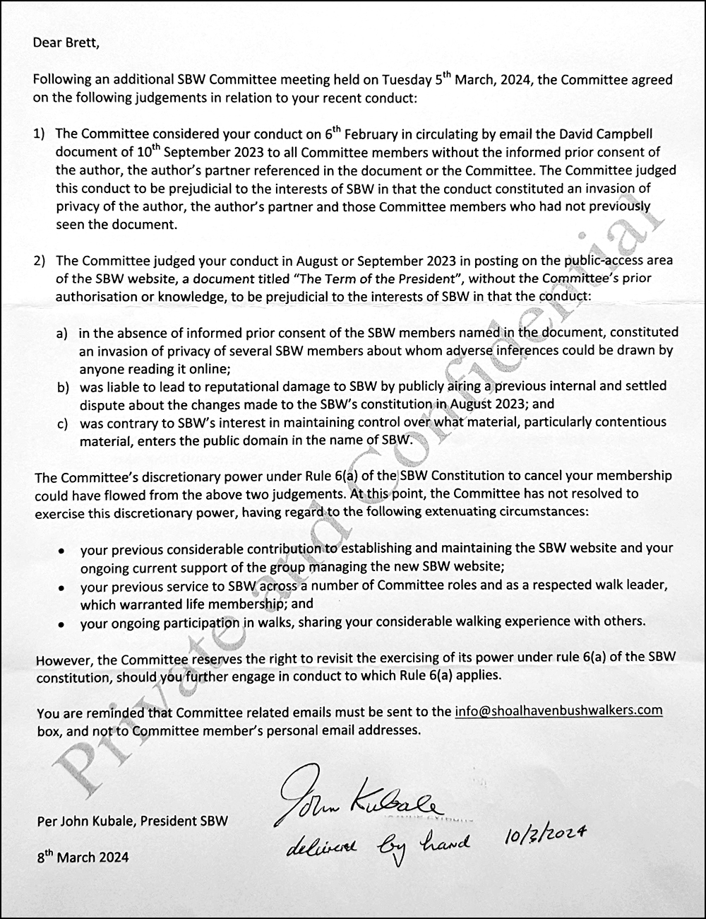 Private and Confidential letter to tell me of the SECRET decision made by committee at a SECRET committee meeting